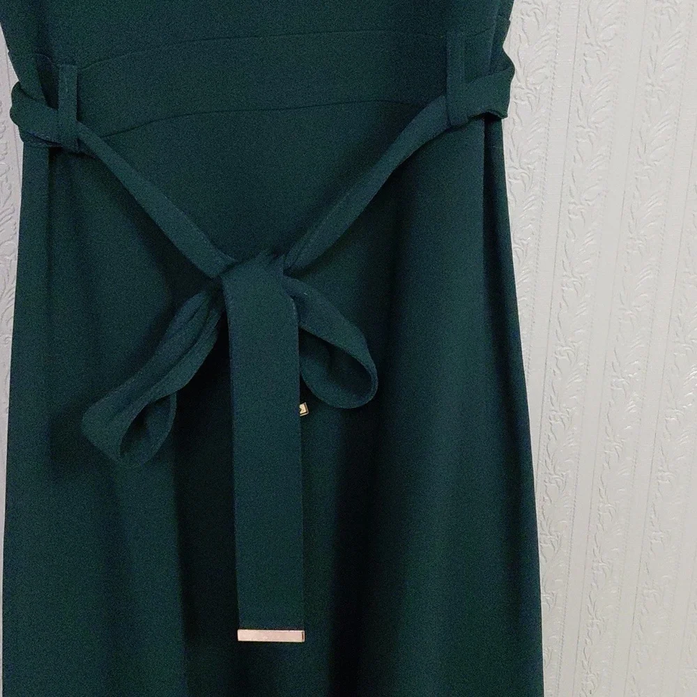 CALVIN KLEIN Elegant Emerald Green Belted Sleeveless Dress Gold Zipper Flowy - Picture 3 of 7